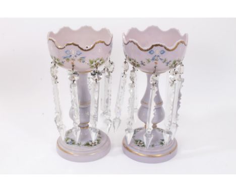 Pair Mid-19th Century Bohemian lilac overlaid glass lustres with polychrome enamel floral swag decoration and cut glass prism