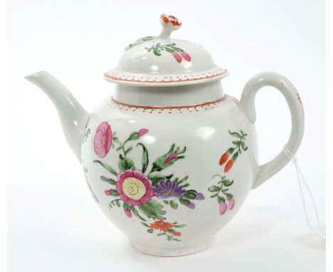 Mid-18th century Worcester polychrome teapot and cover with flower knop and painted floral spray decoration, 22cm