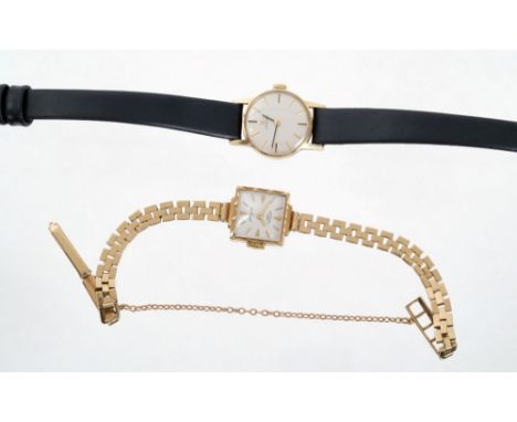 Ladies' gold (9ct) Omega wristwatch on leather strap and ladies' gold (9ct) Rotary wristwatch on gold bracelet (2) CONDITION 