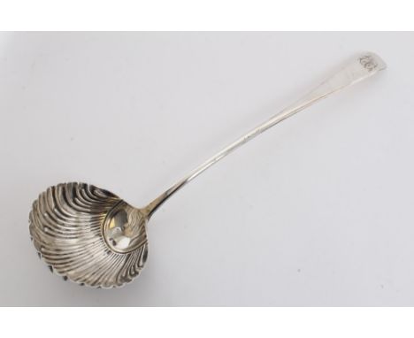 George III silver Old English pattern soup ladle with shell bowl and two sets of engraved initials - one dated 1803 (hallmark