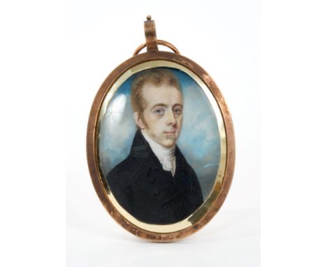 English School, circa 1820: Watercolour portrait miniature on ivory of a Gentleman wearing black coat and white neckerchief, 