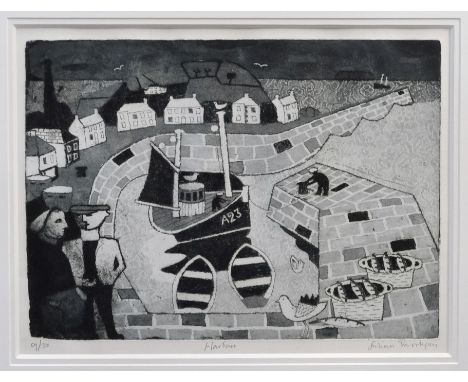 *Julian Trevelyan (1910 - 1988), signed limited edition etching and aquatint - Harbour, 9/50, in glazed frame, 38cm x 49.5cm 