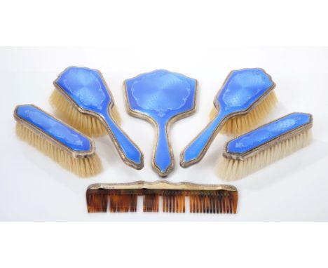 1920s six piece silver and blue guilloche enamel dressing table set - comprising two pairs of brushes, hand mirror and comb i