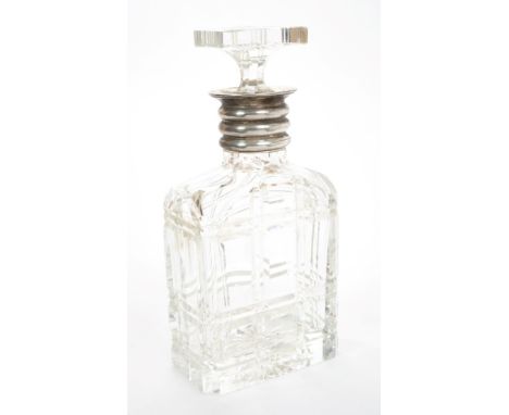 Contemporary cut glass spirit decanter of rectangular form, with panelled cut decoration and silver collar with flared rim, s