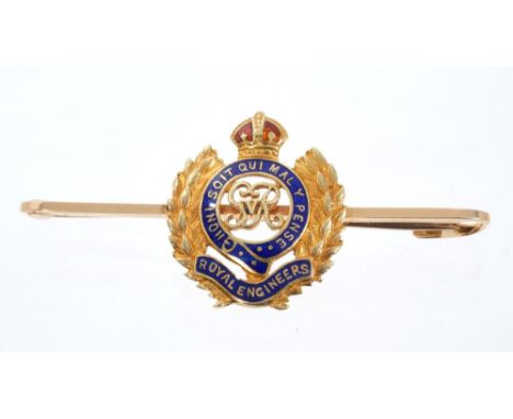 George V gold and enamel Officer's sweetheart brooch for the Royal Engineers regiment, stamped 15ct. 50mm CONDITION REPORT Ve