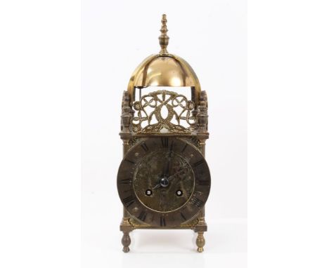 1920s 17th Century-style lantern clock with brown case with brass case, French movement striking on bell case, French movemen