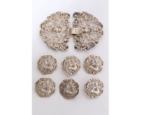 Victorian silver nurses buckle with pierced face mask, scroll and floral decoration (London 1888), maker W.&amp; C.M. togethe