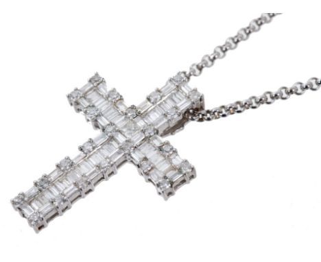 Diamond cross pendant, with central Princess cut diamond and baguette cut and brilliant cut diamonds in 18ct white gold setti