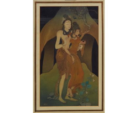Early twentieth century Indian school watercolour - The Lovers, signed, in glazed frame, 31.5cm x 18.5cm CONDITION REPORT Exa