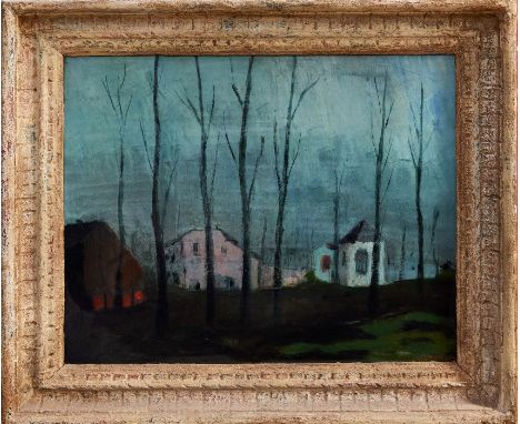 *Fred Uhlman (1901-1985) oil on board - Houses through the Trees, titled verso 'Grey Morning' signed and dated '45, in painte