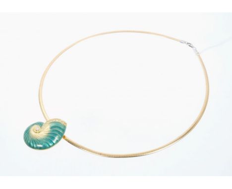 18ct gold diamond and enamel nautilus shell pendant on a 14ct white and yellow gold reversible necklace CONDITION REPORT 18ct