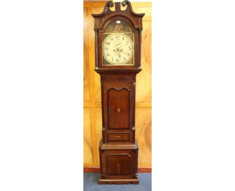 19th century eight day longcase clock with painted arched dial with subsidiary seconds dial and date aperture, painted with r