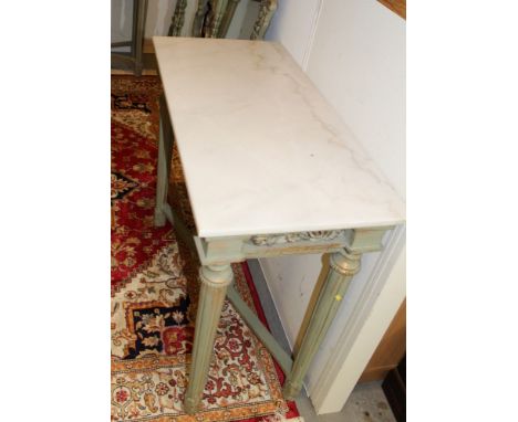 Pair of Rococo-style green and gilt painted console tables each with bevelled rounded rectangular mirror in c-scroll and foli