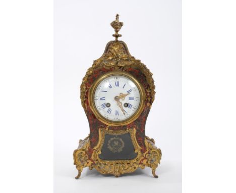 Late 19th Century French boulle work mantel clock with enamel dial. French movement striking on bell, ornate red tortoiseshel