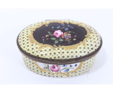 Late 18th century enamel snuff box oval form with foliate reserve in diaper borders on yellow ground, 7.5cm wide