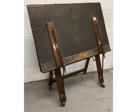 Late Victorian mahogany and brass bound folio with adjustable telescopic supports, on ceramic castors, 91cm wide x 106cm high