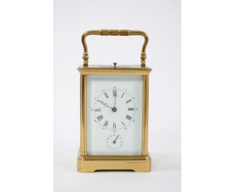 Good quality French repeating alarm carriage clock with Grand Sonnerie/Silence/Petite Sonnerie lever to base, white enamel di