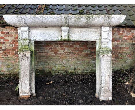 Massive neoclassical revival painted wooden fire surround with fish-scale carved cushion mantel piece raised on relief carved