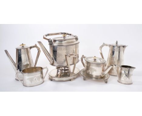 Extensive Victorian Elkington &amp; Co. silver plated tea and coffee set with engraved foliate decoration - comprising teapot