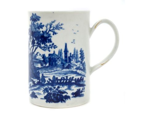 18th century Worcester blue and white mug with printed European landscape group pattern decoration, loop handle picked out in