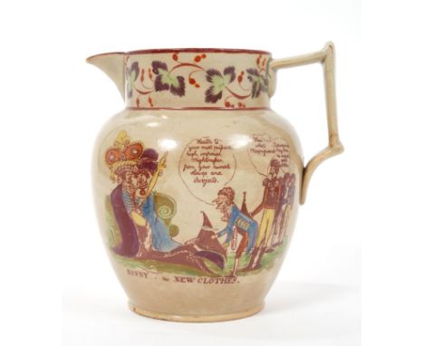 Rare early 19th century anti-Bonapartist satirical pearlware jug, printed in colours with cartoons 'Bonny in his New Clothes'