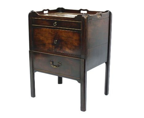 George III mahogany tray-top commode, square form, with pierced gallery and frieze drawer over pair of cupboard doors and pot