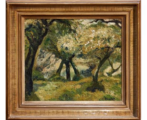 *Ronald Ossory Dunlop (1894-1973) oil on board - trees in blossom, signed, framed, 29cm x 34cm