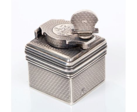 Fine quality Victorian silver travelling inkwell of square form, with engine-turned decoration, screw-down cover and engraved