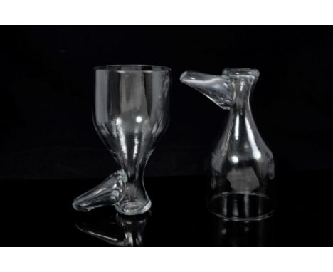 Unusual pair of early 19th century coaching or hunting glasses in the form of boots, each with bulbous bowl waisting to toe a