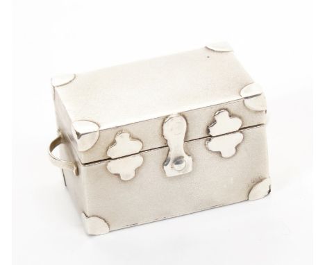 Contemporary silver pill box in the form of a travelling trunk with two handles and a hinged cover (London import marks for 1