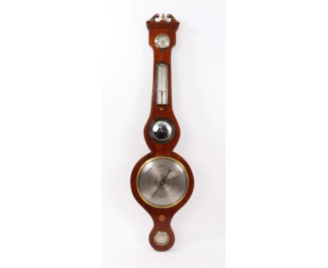 George IV banjo-shaped barometer / thermometer with silvered dials by Cattario Malton in inlaid mahogany case with swan neck 