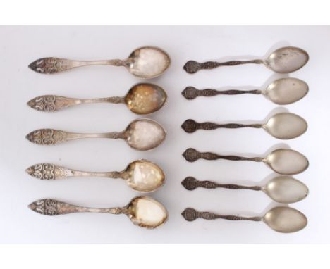 Set of six American sterling silver souvenir coffee spoons with mining related decoration, engraved initials and stamped - SH