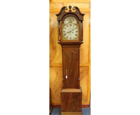 George III longcase clock with eight day movement, 12" painted break arch dial with subsidiary calendar and seconds dials, fl