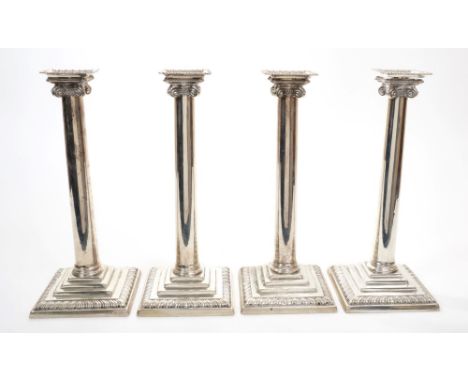 Fine quality set of four early George III silver candlestick with Ionic column and stepped bases with gadrooned borders, sepa