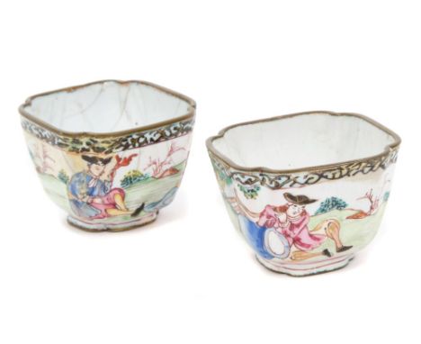 Rare pair of 18th Century Canton enamel European subject cups, square tapered form with exterior scenes of courtship, 3cm hig