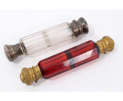 Victorian ruby glass double ended scent bottle, with gilt metal mounts, 13cm long, together with a similar clear glass scent 