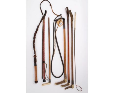 Three Edwardian stag horn handled hunting whips, another white metal mounted with ivory handle and four others later (8)