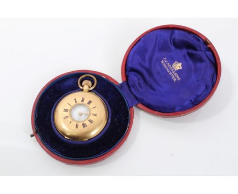 Early 20th century Swiss 18ct gold half hunter pocket watch with button wind movement, enamel dial and subsidiary seconds dia