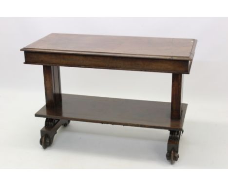 Unusual mid-19th century mahogany buffet, rectangular outline with three moulded tiers, the top tier rising on sash mechanism