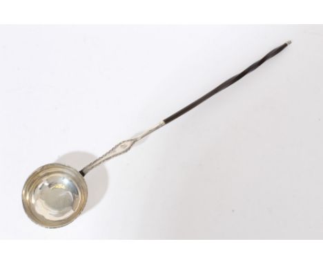 George III provincial Scottish silver punch ladle with circular bowl, flattened stem with bright cut decoration and engraved 