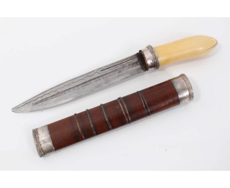 19th Century Burmese dha dagger with ivory hilt, fullered clipped blade with silver mounted wooden sheath, 24.5cm overall