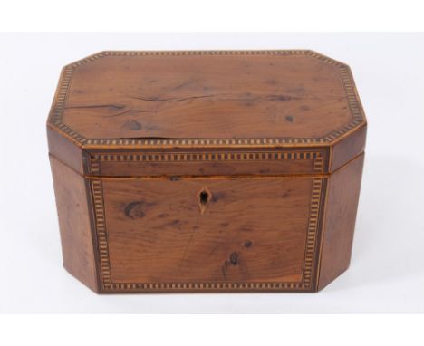 Rare early 19th century yewwood and chequer inlaid tea caddy of canted rectangular outline, hinged cover, 20cm wide