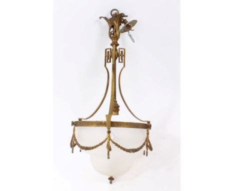 Edwardian gilt brass hanging light fitting with cut and frosted bowl and swag decoration CONDITION REPORT Good original condi