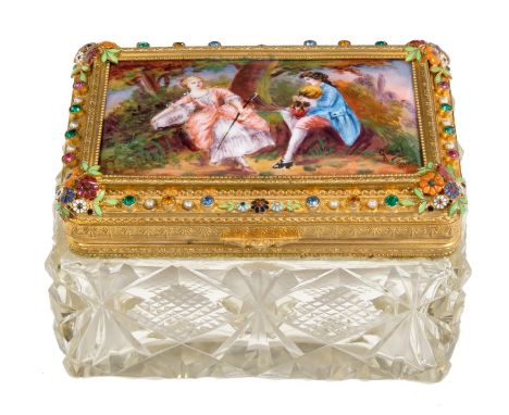 Fine quality 19th century French enamelled gilt ormolu mounted and cut glass jewel casket the domed hinged rectangular top en