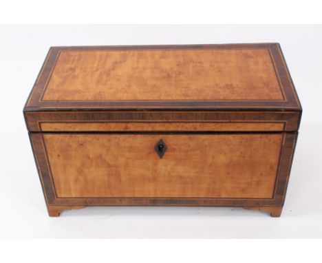 Regency satinwood and kingwood crossbanded tea caddy of narrow proportions with hinged cover, interior re-fitted, 30cm wide