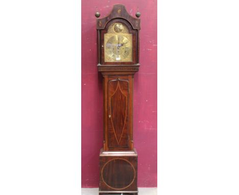 Longcase clock with eight day quarter chiming spring driven movement, 12 inch brass break arch dial with floral spandrel, app