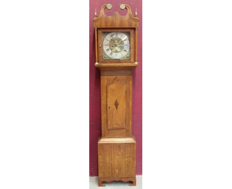 18th Century longcase clock with eight day movement 12" brass dial with silvered chapter ring, subsidiary calendar dials and 