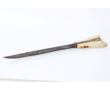 18th / 19th Century Turkish bichaq dagger with ivory 'ears' to hilt, T-backed blade with silver mount, 37cm overall - no scab