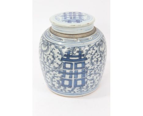 19th century Chinese blue and white ginger jar and cover with Buddhistic symbols and floral scroll decoration, 19cm high