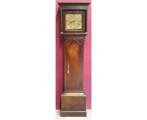 18th Century longcase clock with thirty hour movement 9¾" square brass dial, chapter ring signed W M Nickolls, Oundle, crown 